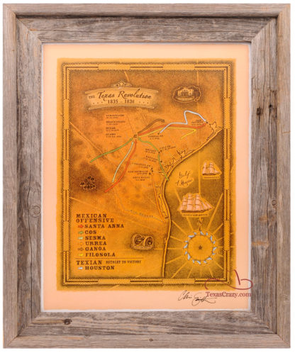 1835 1836 texas revolution map framed in light barnwood