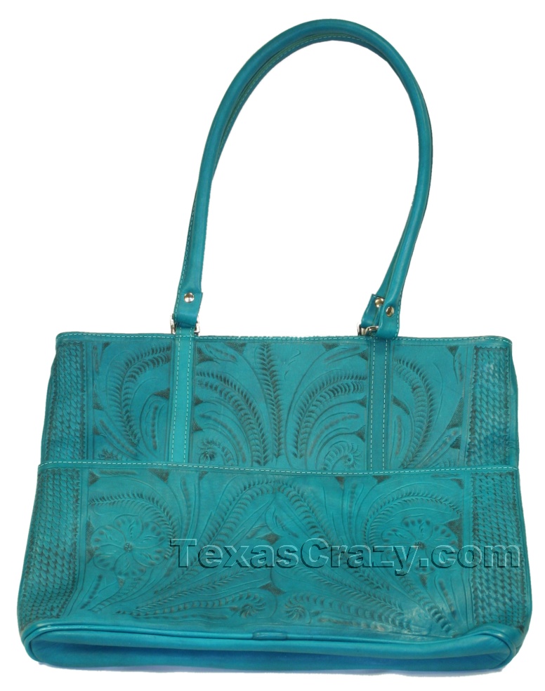 Tooled Leather Shoulder Tote-Turquoise