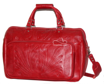704 red tooled leather satchel