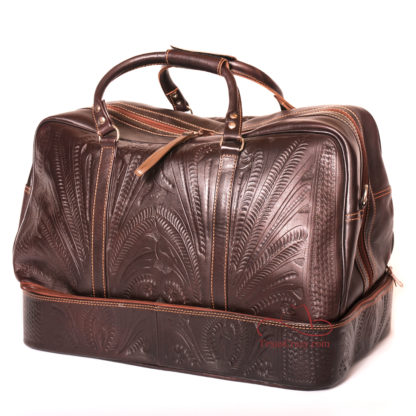 8394 brown tooled leather duffel boot bag front view