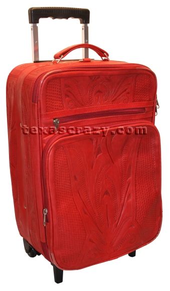 red tooled leather rolling suitcase