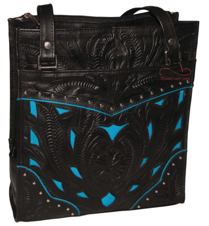 E601 black turquoise tooled shoulder tote handbag