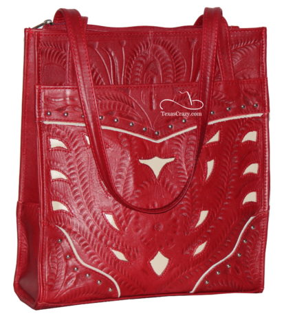 E601 red pearl tooled shoulder tote handbag