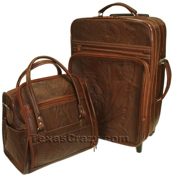 brown tooled leather luggage set
