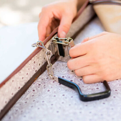 tooled leather garment bag 8058 interior wally lock closeup