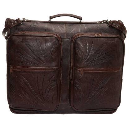 hand tooled leather garment bag 8058 front brown