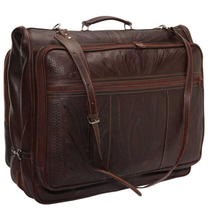 hand tooled leather garment bag 8058 front brown