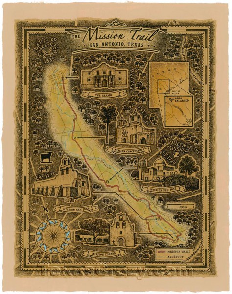 Buy Mission Trail Map Print San Antonio Unique Texas Gifts