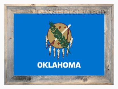 Oklahoma state flag framed in light barnwood