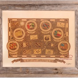 Sixteen Flags over Texas framed in light barnwood