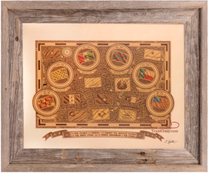 Sixteen Flags over Texas framed in light barnwood