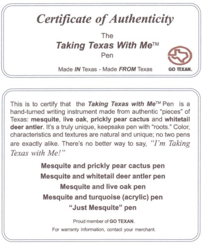 texas mesquite live oak pen certificate of authenticity