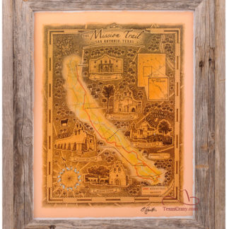 Texas mission trail map framed in light barnwood