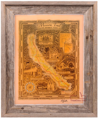 Texas mission trail map framed in light barnwood