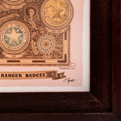 Texas ranger badges custom framed closeup in dark barnwood