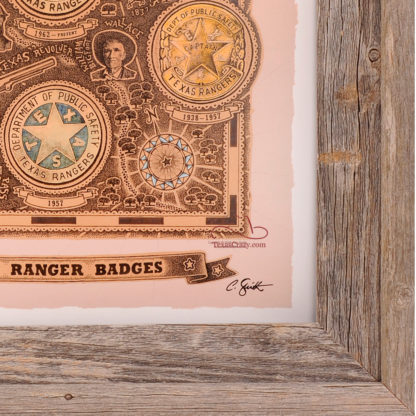 Texas ranger badges closeup custom framed light barnwood