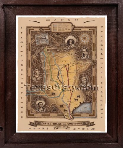 tx cattle trails map framed dark barnwood f