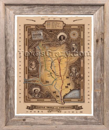 Texas cattle trails map framed