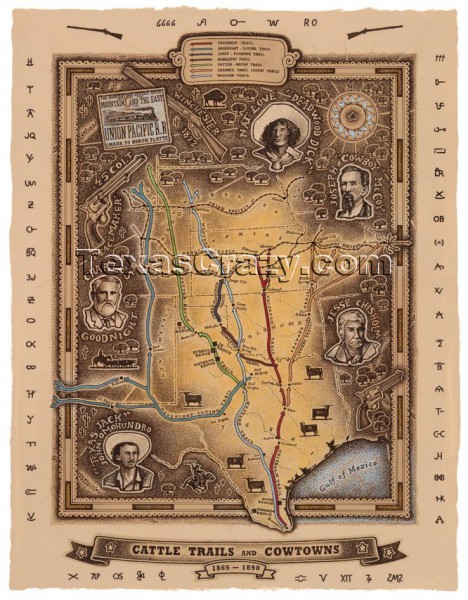 Shop Texas Cattle Trails Map Framed - Tx Cattle Trails Map Only F 468x600
