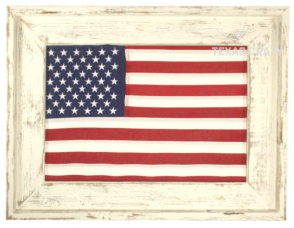 12 x 18 inch American Flag Framed in antique white distressed wood frame