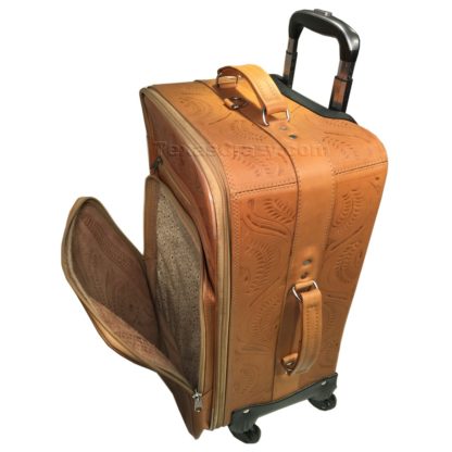 tooled leather suitcase carry on 840 L pocket closeup