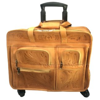 tooled leather weekender in natural color for men and women
