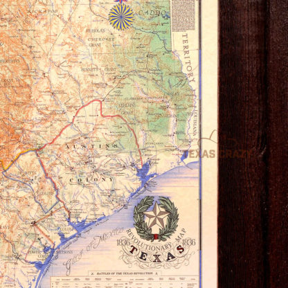 1836 Texas revolutionary map framed in dark barnwood closeup