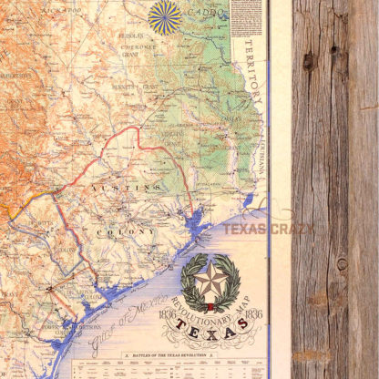 1836 Texas revolutionary map framed in light barnwood