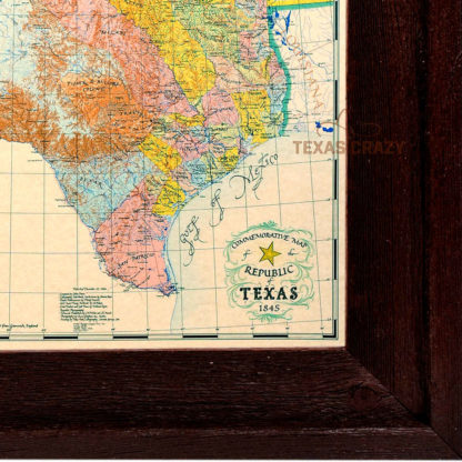 closeup of 1845 republic of texas map framed in dark barnwood