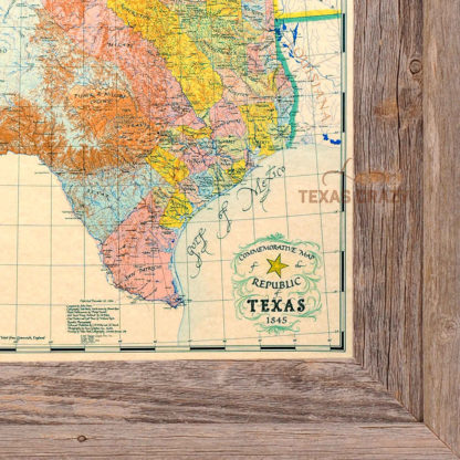 closeup of 1845 republic of texas map framed in light barnwood